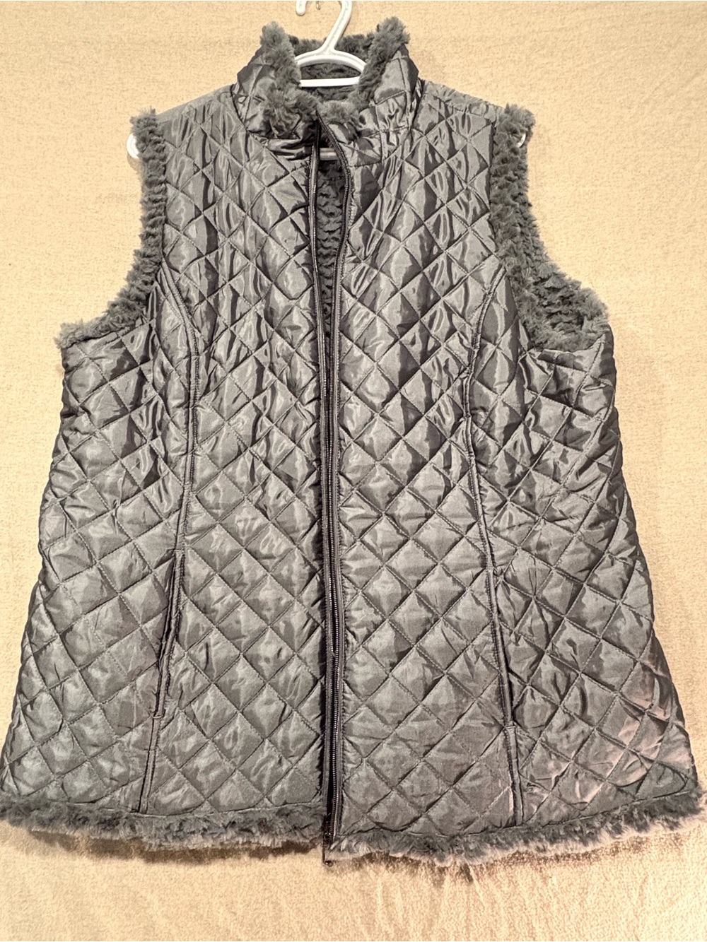 Quilted Faux-Fur Lined Vest - Gray. No size. Fits like 2X